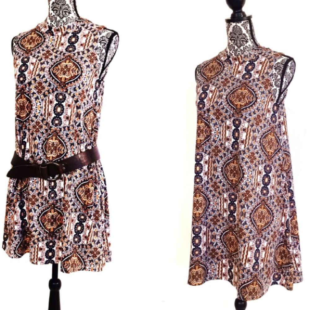 PINK ROSE Dress Sleeveless Stretch Swing Tunic Mini Medallion Print S